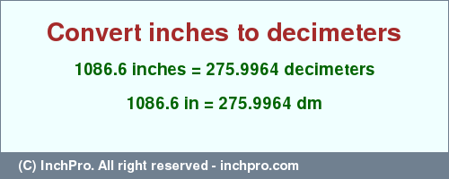 Result converting 1086.6 inches to dm = 275.9964 decimeters