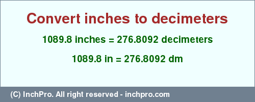 Result converting 1089.8 inches to dm = 276.8092 decimeters