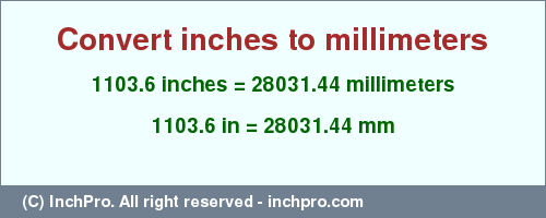 Result converting 1103.6 inches to mm = 28031.44 millimeters