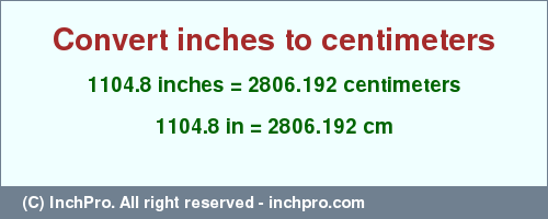 Result converting 1104.8 inches to cm = 2806.192 centimeters