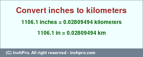 Result converting 1106.1 inches to km = 0.02809494 kilometers