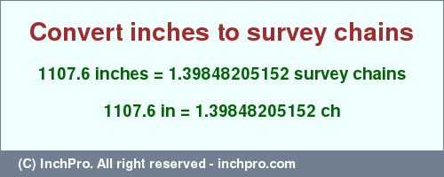 1107.6 inches to ch is equal to 1.39848205152 (ch) Result converting 1107.6 inches to ch = 1.39848205152 survey chains