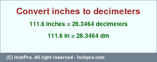 Result converting 111.6 inches to dm = 28.3464 decimeters
