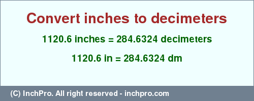 Result converting 1120.6 inches to dm = 284.6324 decimeters