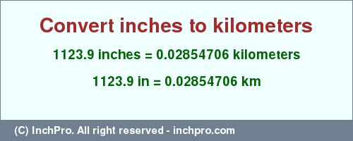 Result converting 1123.9 inches to km = 0.02854706 kilometers