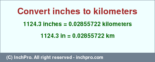 Result converting 1124.3 inches to km = 0.02855722 kilometers