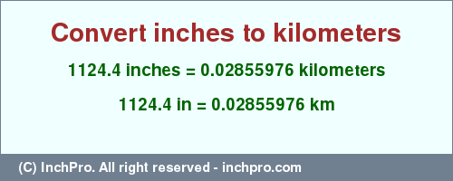 Result converting 1124.4 inches to km = 0.02855976 kilometers