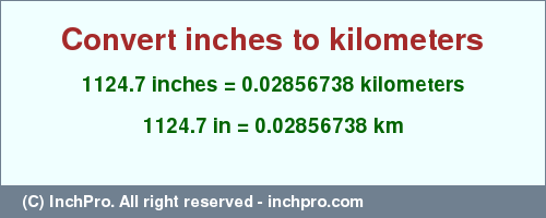 Result converting 1124.7 inches to km = 0.02856738 kilometers