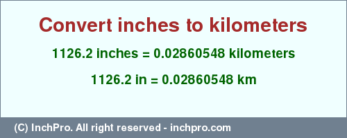 Result converting 1126.2 inches to km = 0.02860548 kilometers