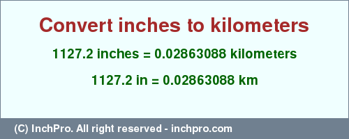 Result converting 1127.2 inches to km = 0.02863088 kilometers