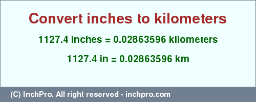Result converting 1127.4 inches to km = 0.02863596 kilometers