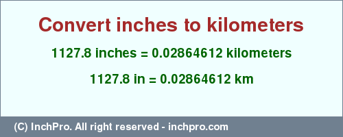 Result converting 1127.8 inches to km = 0.02864612 kilometers