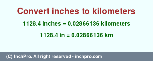 Result converting 1128.4 inches to km = 0.02866136 kilometers