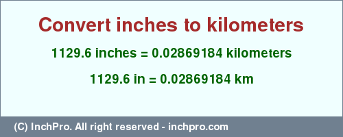Result converting 1129.6 inches to km = 0.02869184 kilometers