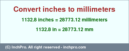 Result converting 1132.8 inches to mm = 28773.12 millimeters