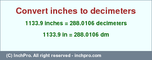 Result converting 1133.9 inches to dm = 288.0106 decimeters