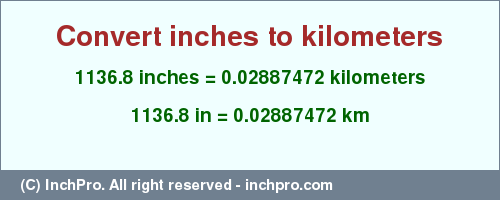 Result converting 1136.8 inches to km = 0.02887472 kilometers