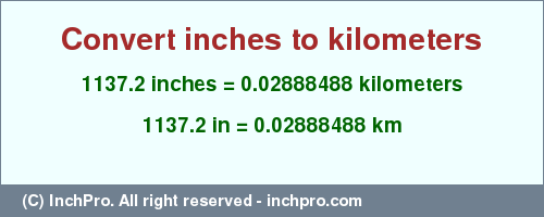 Result converting 1137.2 inches to km = 0.02888488 kilometers