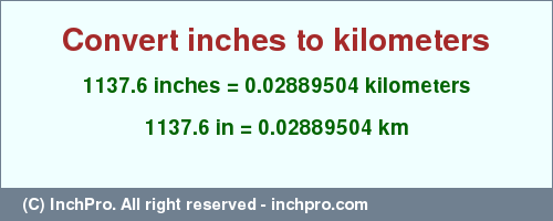 Result converting 1137.6 inches to km = 0.02889504 kilometers