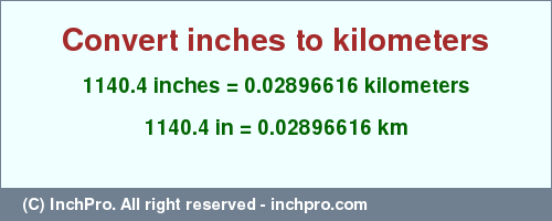 Result converting 1140.4 inches to km = 0.02896616 kilometers