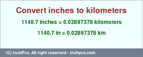 Result converting 1140.7 inches to km = 0.02897378 kilometers