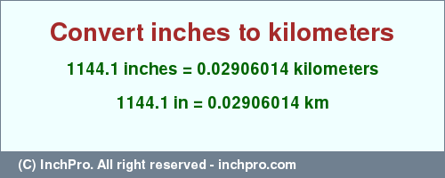 Result converting 1144.1 inches to km = 0.02906014 kilometers