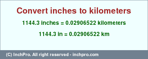 Result converting 1144.3 inches to km = 0.02906522 kilometers