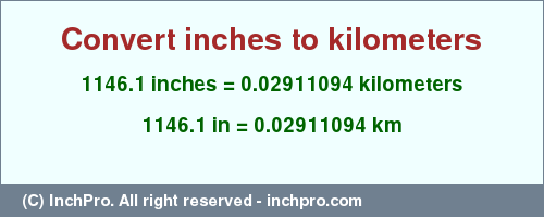 Result converting 1146.1 inches to km = 0.02911094 kilometers