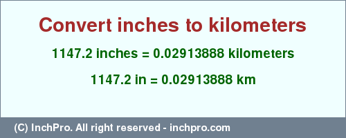 Result converting 1147.2 inches to km = 0.02913888 kilometers