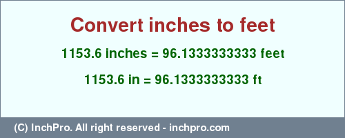 Result converting 1153.6 inches to ft = 96.1333333333 feet