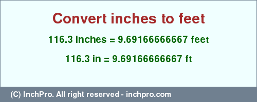 Result converting 116.3 inches to ft = 9.69166666667 feet