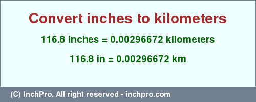 Result converting 116.8 inches to km = 0.00296672 kilometers