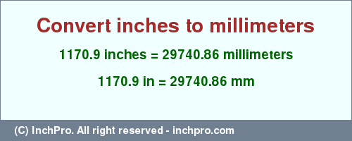 Result converting 1170.9 inches to mm = 29740.86 millimeters