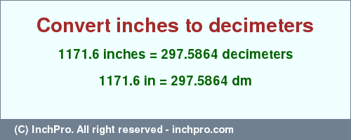 Result converting 1171.6 inches to dm = 297.5864 decimeters
