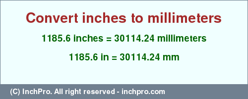 Result converting 1185.6 inches to mm = 30114.24 millimeters