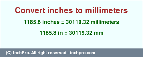 Result converting 1185.8 inches to mm = 30119.32 millimeters