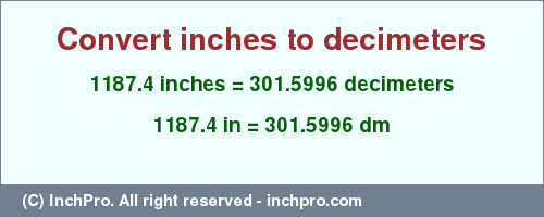 Result converting 1187.4 inches to dm = 301.5996 decimeters