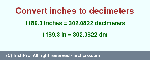 Result converting 1189.3 inches to dm = 302.0822 decimeters