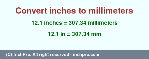 Result converting 12.1 inches to mm = 307.34 millimeters