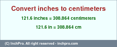 Result converting 121.6 inches to cm = 308.864 centimeters