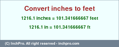 Result converting 1216.1 inches to ft = 101.341666667 feet