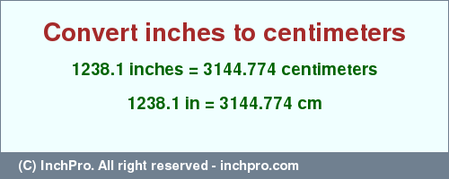 Result converting 1238.1 inches to cm = 3144.774 centimeters