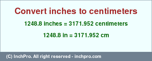 Result converting 1248.8 inches to cm = 3171.952 centimeters