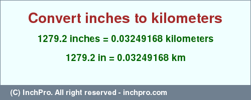 Result converting 1279.2 inches to km = 0.03249168 kilometers