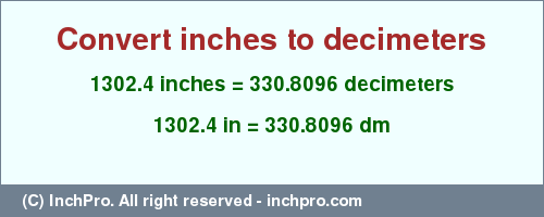Result converting 1302.4 inches to dm = 330.8096 decimeters