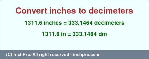 Result converting 1311.6 inches to dm = 333.1464 decimeters