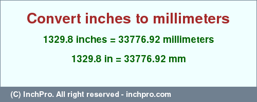 Result converting 1329.8 inches to mm = 33776.92 millimeters