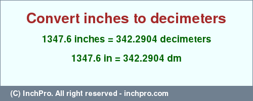 Result converting 1347.6 inches to dm = 342.2904 decimeters