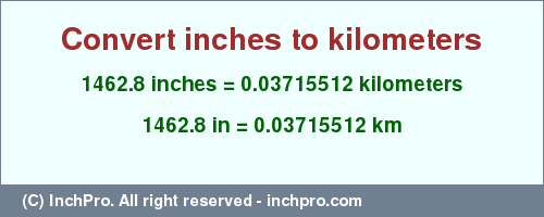Result converting 1462.8 inches to km = 0.03715512 kilometers