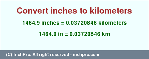 Result converting 1464.9 inches to km = 0.03720846 kilometers